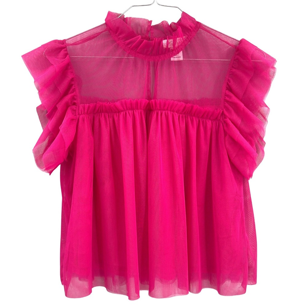 Rachel Zoe Sheer Tulle Ruffle Mock Neck Cap Sleeve Top Fuchsia Pink S